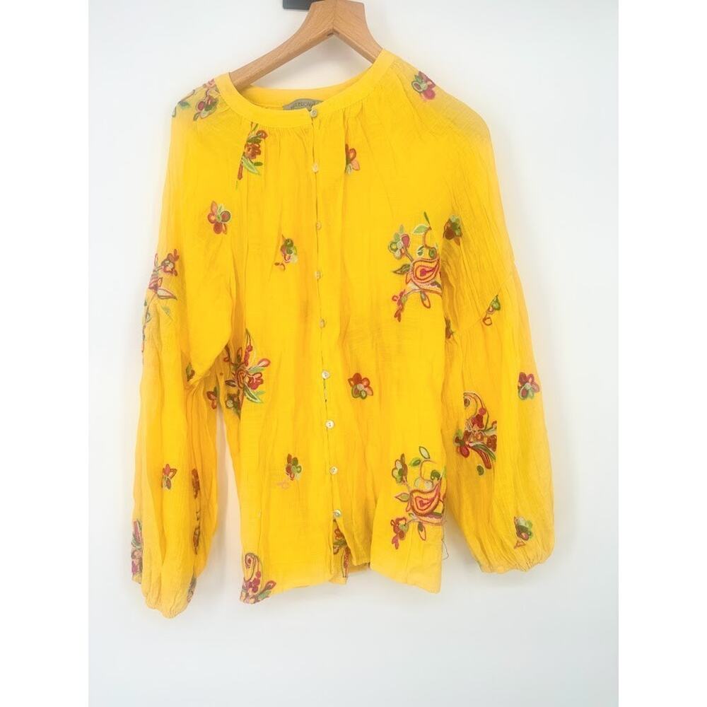 Anthropologie Boho Top Medium Figueroa &‎ Flower Embroidered Peasant Yellow
